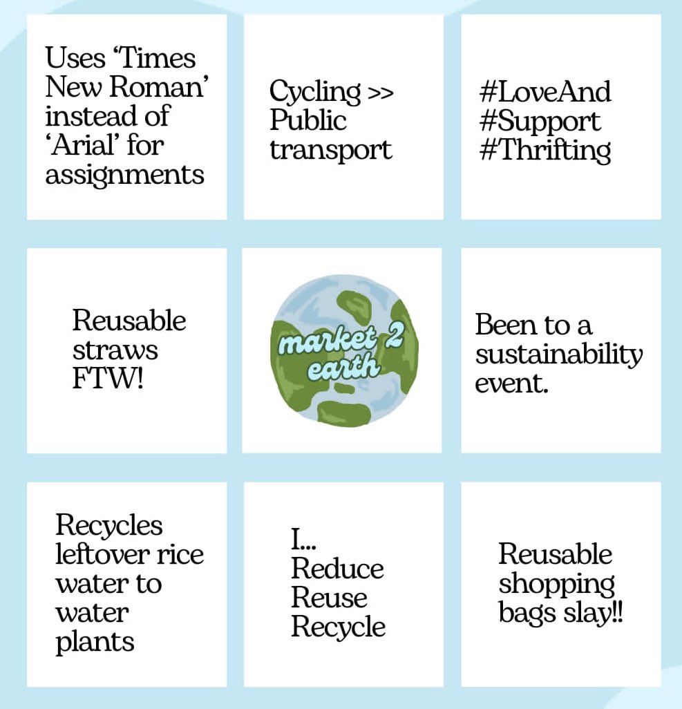 market2earth's tweet photo. BINGO! 💚

Quote Retweet this post to show us which of these sustainable activities YOU practise ❕😉

Check 3 in a row and BINGO✅

Be sustainable, save the earth today🌍

#lifestyle #environment #sustainable #ecofriendly #thrifting https://t.co/kP0Gfmod0X