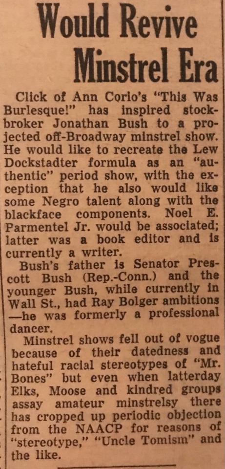 1962. Jonathan Bush - brother of George Bush and uncle to George W. Bush - announced his intention to revive blackface.