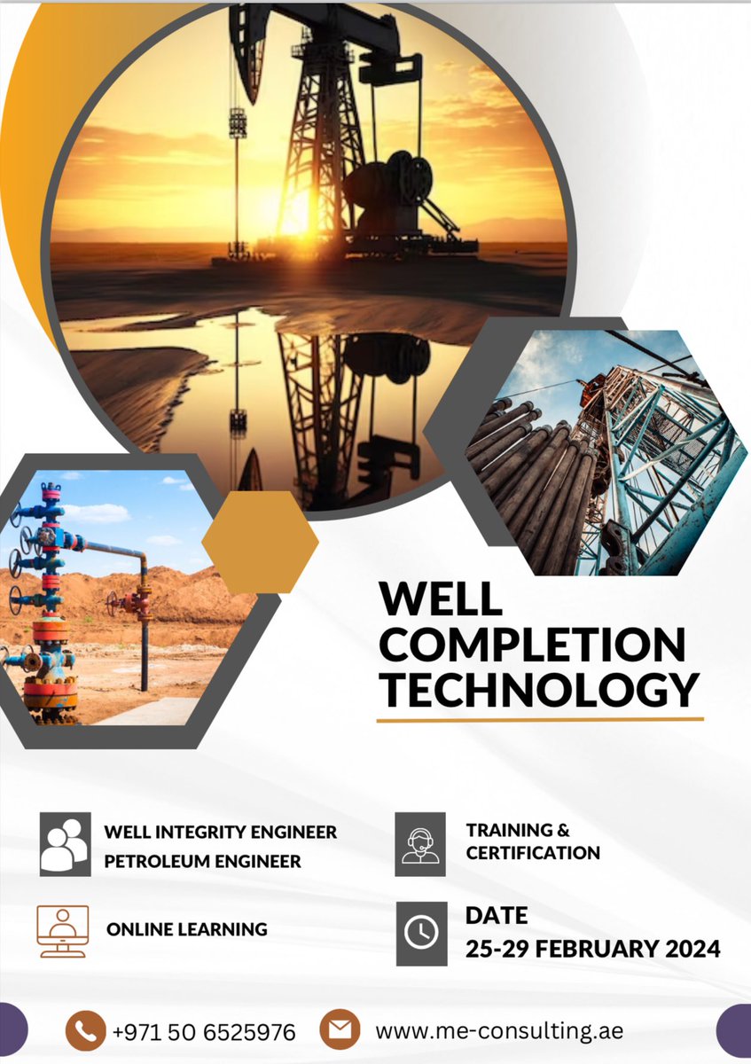 #WELL COMPLETION TECHNOLOGY – Online session training will start from 25-29 February 2024, for more details and registration please email us at info@me-consulting.ae and reach us by WhatsApp: 971506525976