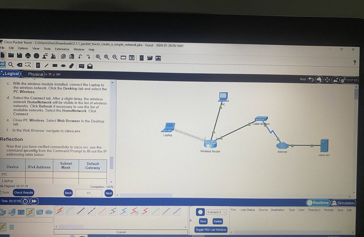 #100DaysOfCyberSecurity 
Day 7 - 10
Still learning how the Cisco packet tracer works. Struggled a bit with understanding it but getting a hang of it. I was able create a simple network . Still in the process of learning and understanding it. 
#CyberSecurity #CyberSec