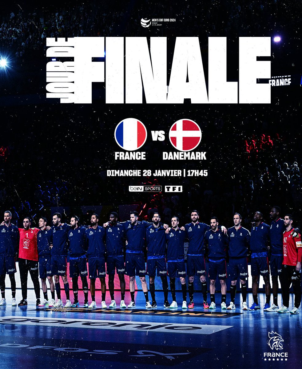 JOUR DE FINALE ! 🇫🇷⚡🇩🇰 🤾‍♂️#FRADAN | EHF EURO 2024⁣ ⏰ 17H45 📍Cologne 🇩🇪⁣ 📺 @beinsports_FR | @TF1 📱#BleuetFier Un match pour écrire l'histoire ! 🇫🇷 ALLEZ LES BLEUS !! 💪🔥