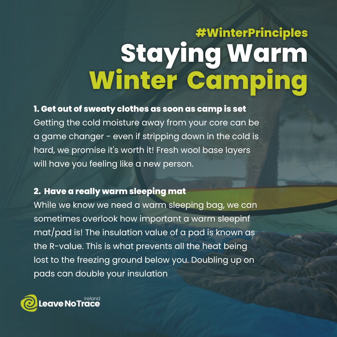 LeaveNoTraceIrl's tweet photo. Camping can be an enjoyable experience all year round!
Following on from our post last week about safety equipment to carry in winter, here are our 4 #SimpleActions to make winter camping a cosier experience ️🏕️
#PlanAheadAndPrepare #WinterPrinciples #LeaveNoTrace https://t.co/02eRa8MBmk