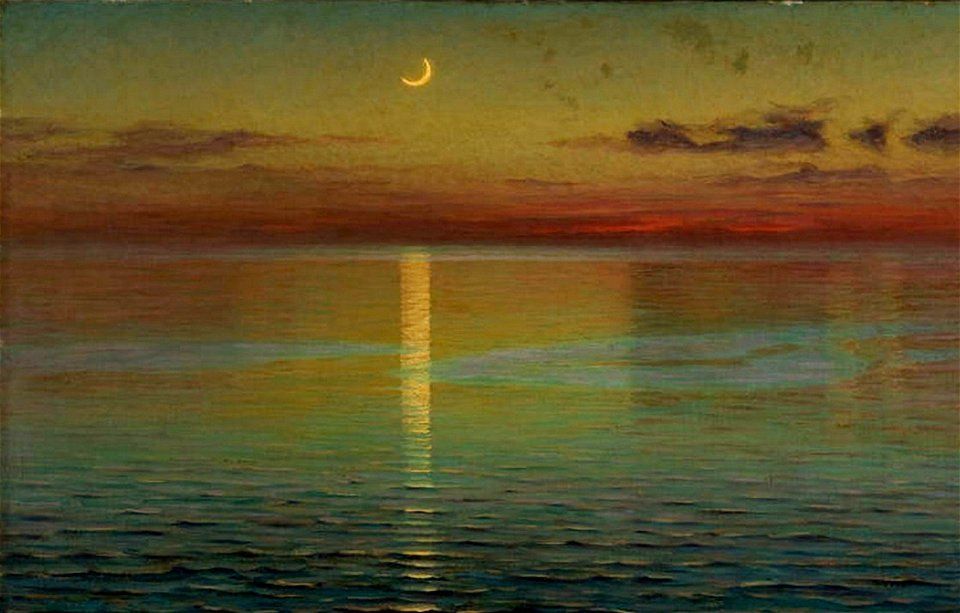 Dawn of Night by J. Ottis Adams 1851–1927 (American artist, lived , 1851–1927). And to think this happens every day and we sleep through it. 🤔  #MarineArt #Dawn