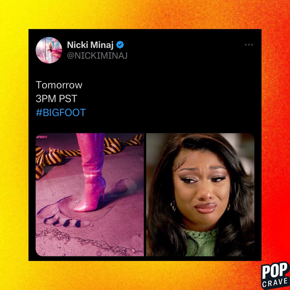 PopCrave's tweet image. Nicki Minaj announces new song, ‘Bigfoot.’

Out tomorrow 3PM PST.