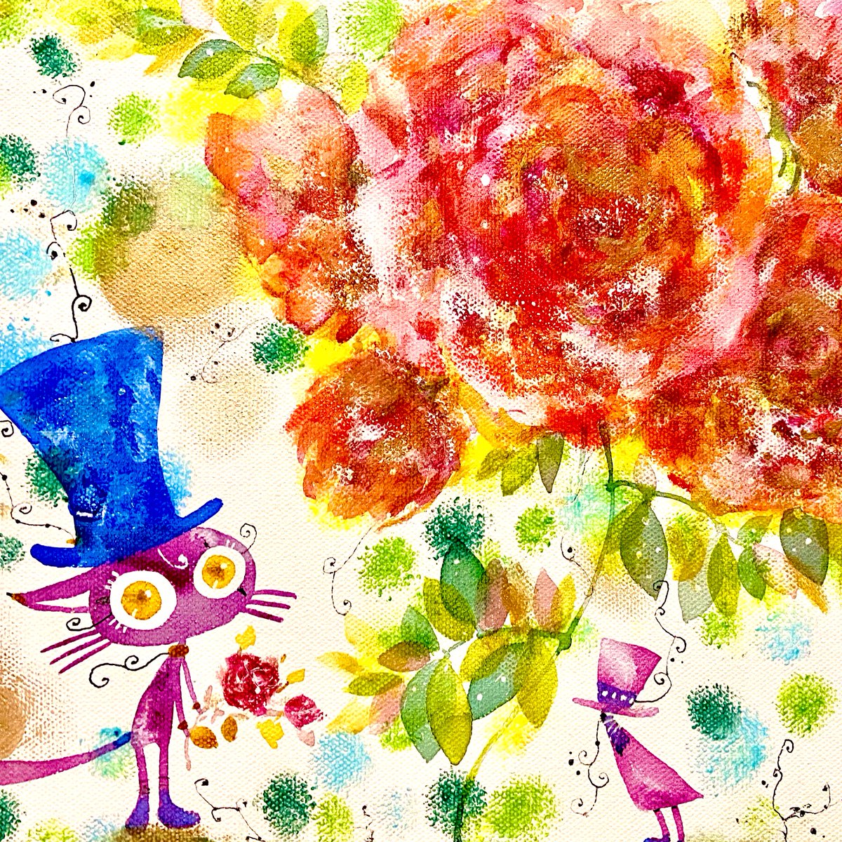 hat flower yellow eyes red flower blue headwear cat standing  illustration images