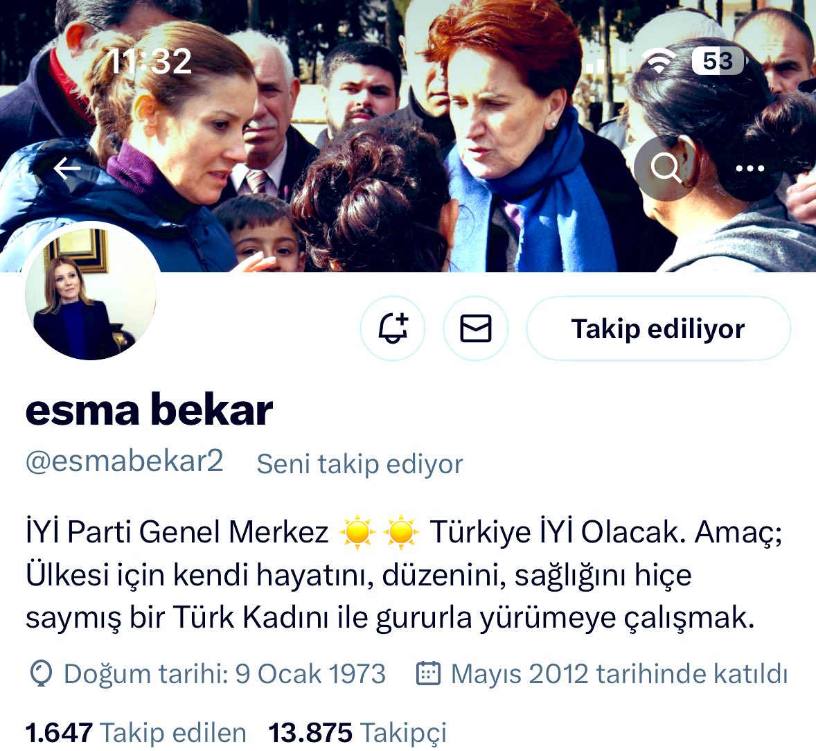 Ülkesi için kendi hayatını, düzenini ,sağlığını hiçe saymış bir Türk kadınıyla ( @meral_aksener ) yol yürüyen   çok çok değerli ablam @esmabekar2 beni takibe alarak onure ettiği için çok teşekkür ediyorum.