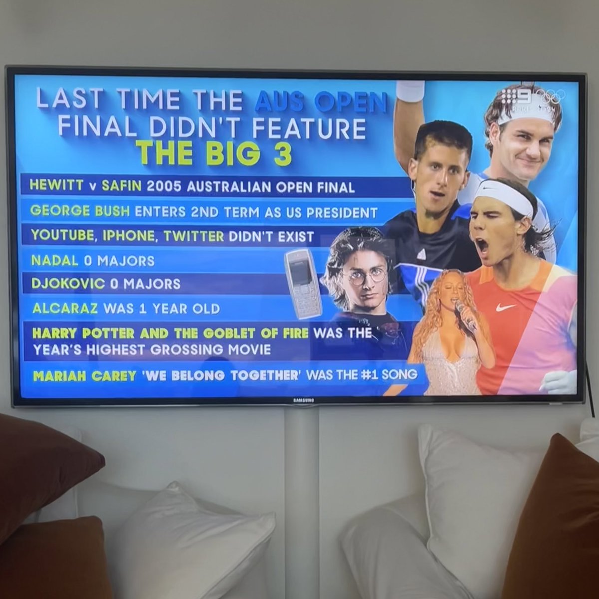 Absolutely losing my mind at this Channel 9 infographic attempting to explain the dominance of Fed, Nadal and Djokovic by referencing trivia from 2005. The Nokia 🤣 #AusOpen