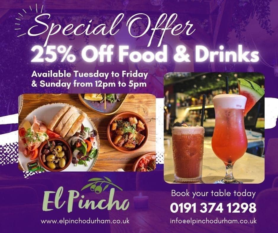 DurhamRiverwalk's tweet photo. Join El Pincho for a delightful dining experience on Tuesdays to Fridays and Sundays, 12pm to 5pm, and enjoy a fantastic 25% discount on your food and drinks 🍽️🥂 Book your table on 0191 374 1298 📞

 #theriverwalk #elpincho #durham https://t.co/jeMCtICYEy