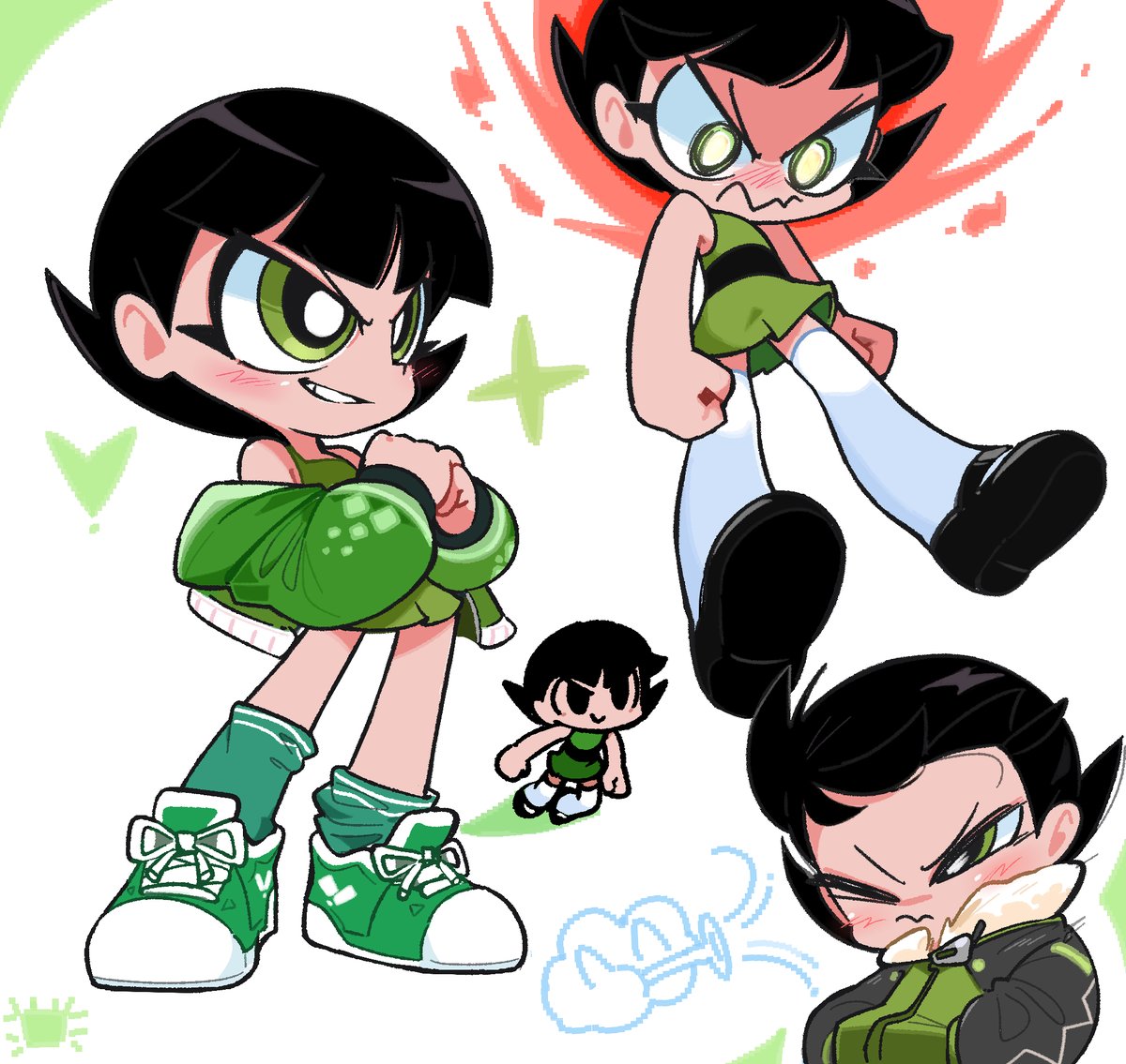 1girl black hair green eyes shoes jacket blush thighhighs  illustration images