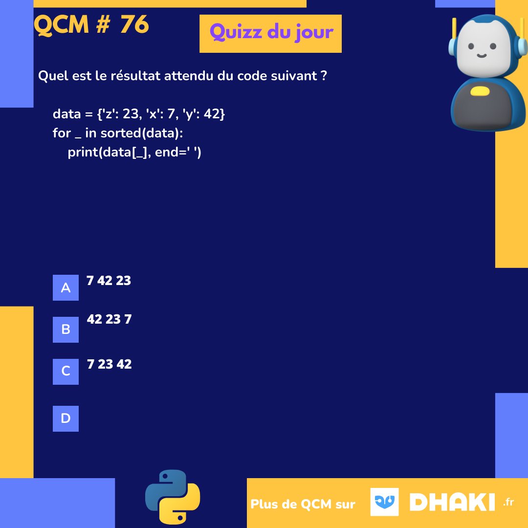 Python_QCM's tweet image. "Testez vos connaissances en Python avec notre quizz d'aujourd'hui ! Répondez en commentaire et montrez-nous votre expertise ! 🐍🔍 #PythonQuiz"