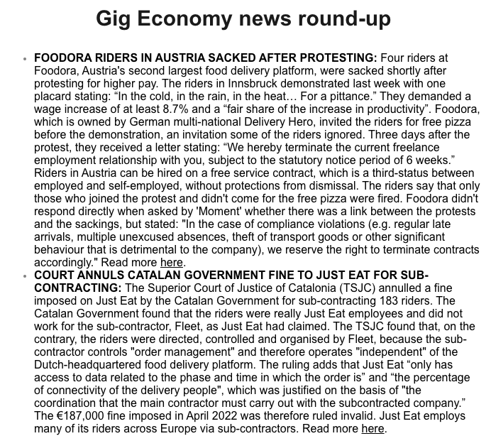 project_gig's tweet photo. News:

🇦🇹Foodora riders sacked after protest

🇪🇸Court annuls Catalan Govt fine to Just Eat for sub-contracting

🇪🇸Court suspends collection of €64m Glovo fine due to "extreme situation"

🇪🇸Amazon must employ over 3,000 drivers

🇫🇷Uber legal challenge to Paris VTC restrictions https://t.co/IVxYaFq0Ae