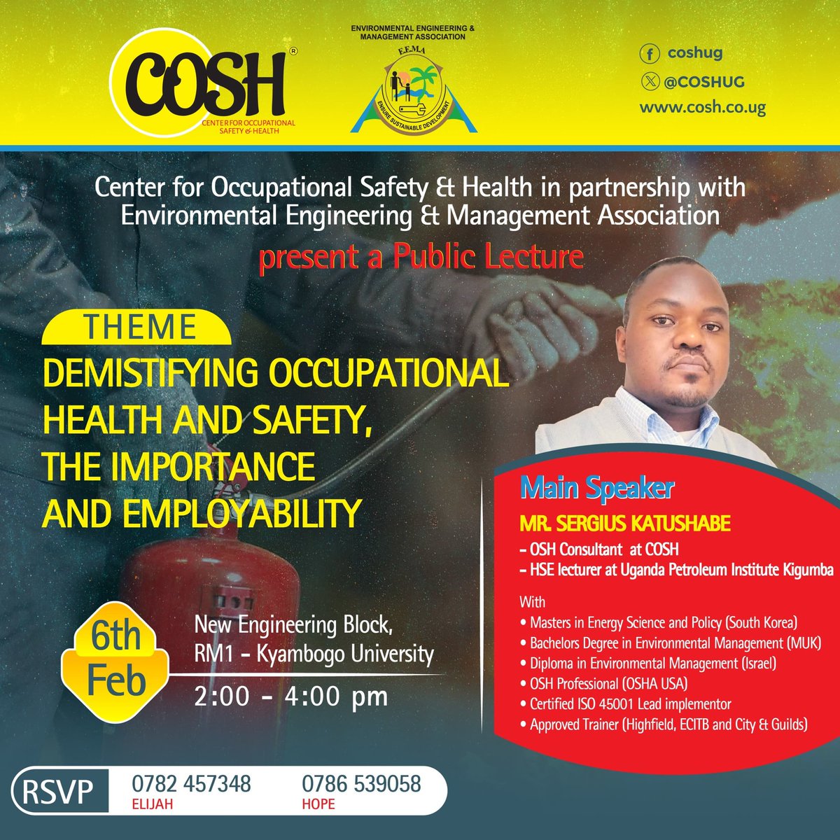 EEMA_KYU's tweet image. Well well,Engineers, Save the date! Don&apos;t miss out on insights of knowledge and employment prospects about occupational health and safety from this public lecture organized by EEMA in partnership with @cosh on 6th Feb,See you there!
#healthandsafety
#EnvironmentalEngineering