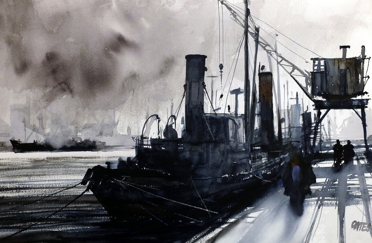 "By the Clyde" Watercolour 34x52cm. A memory of a once busy river. Such a great subject for industrial art. Available in my "Studio Sale"  martinoates.co.uk