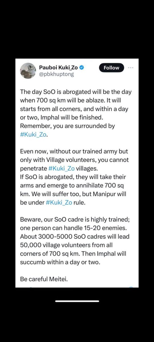 RockThok's tweet photo. 'Mindset of illegal foreign millitants' This is how they threaten the indigenous people of Manipur. A dream that will never come true. 
#KukiMilitants #kukiSakthu #kukil
@timesofindia @rashtrapatibhvn @AmitShah https://t.co/uZGoczdEA2