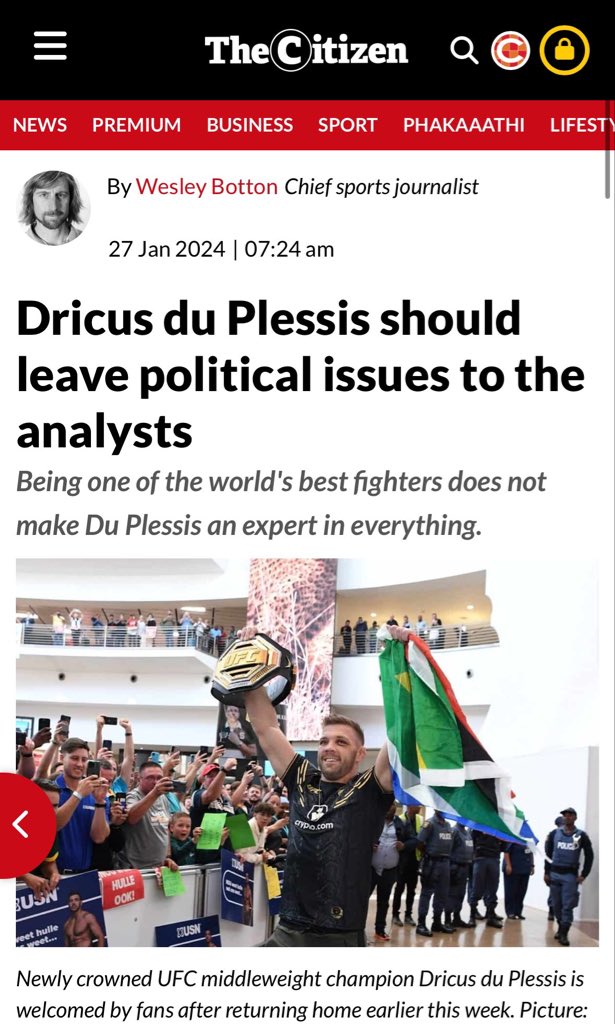 Dear Wesley, 

<a href="/dricusduplessis/">Dricus Du Plessis</a> is a South African and his tax money is being used by the ANC. He is entitled to call out the government and give his opinions. I suggest you grow a backbone, stop singing for your supper, and stand up for what is right in South Africa.