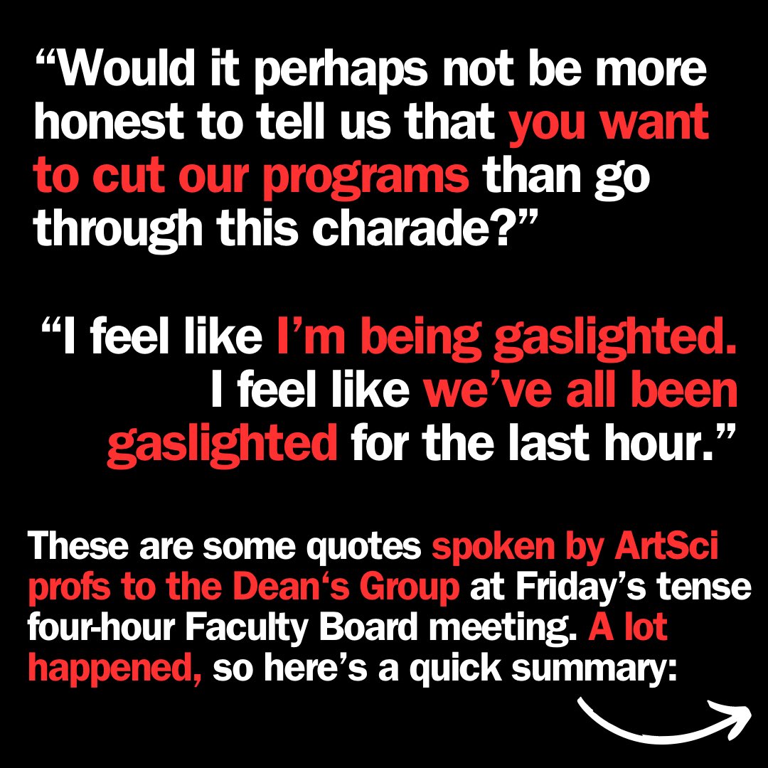 queensusvc's tweet photo. (1/3) Friday’s @queensu FAS Faculty Board meeting was an absolute disaster for management, and really laid bare a lot of what has been happening here. If you weren’t there, here’s our summary: 

#queensuniversity #kingston #queensbudgetcuts https://t.co/BI484VYRK6