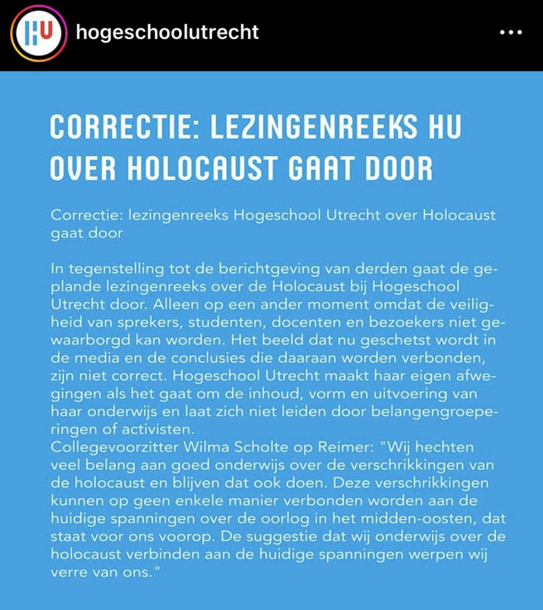 JOVDUtrecht's tweet photo. De HU laat weten dat de ophef een misverstand is, onze vraag aan de HU luidt nu: Wordt de woordvoerder die dit zei ontslagen?
 “Wij willen een diverse dialoog faciliteren bij dit onderwerp en hebben meer tijd nodig om de gebeurtenissen van 7 oktober in breder perspectief te zien” https://t.co/dDUG30RwE1