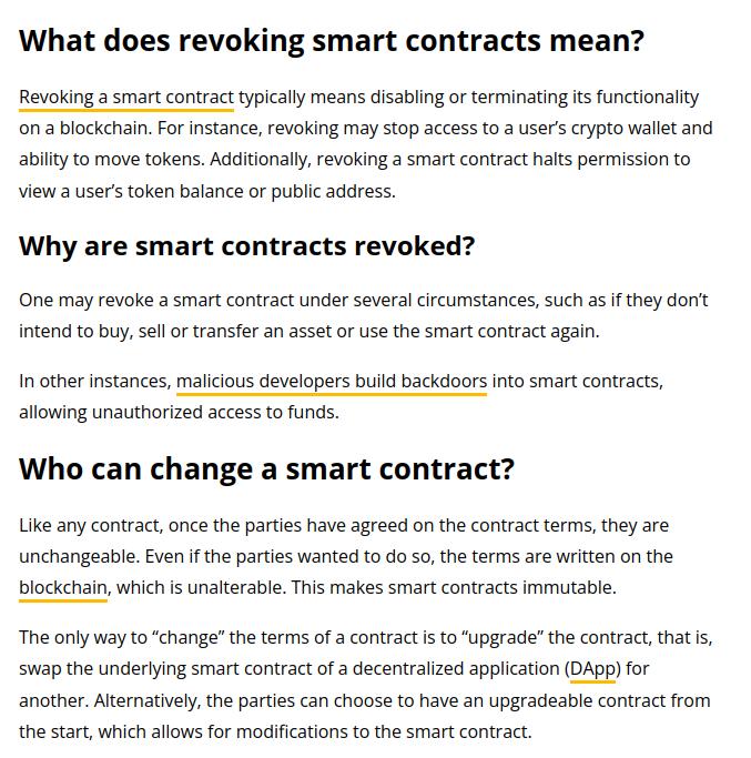 Re: smart contracts

tl; dr 

As far as a non-developer's understanding goes, 
the justification for a smart contract is:
it's "unalterable" because it's a piece of code ...
except if it is a proxy smart contract, it can be upgraded, disabled, or revoked.

I cannot find a