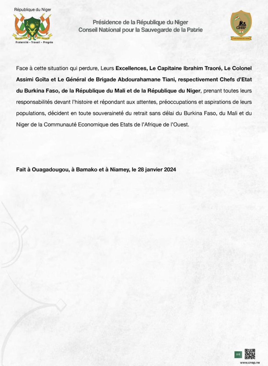 annefleurjo's tweet photo. Les juntes au pouvoir au #Mali, #BurkinaFaso et #Niger, rassemblées au sein du pacte de défense de l’Alliance des États du Sahel (AES) annoncent leur retrait de la Communauté Économique des États d’Afrique de l’Ouest #Cédéao. https://t.co/SFv7nsXI6N