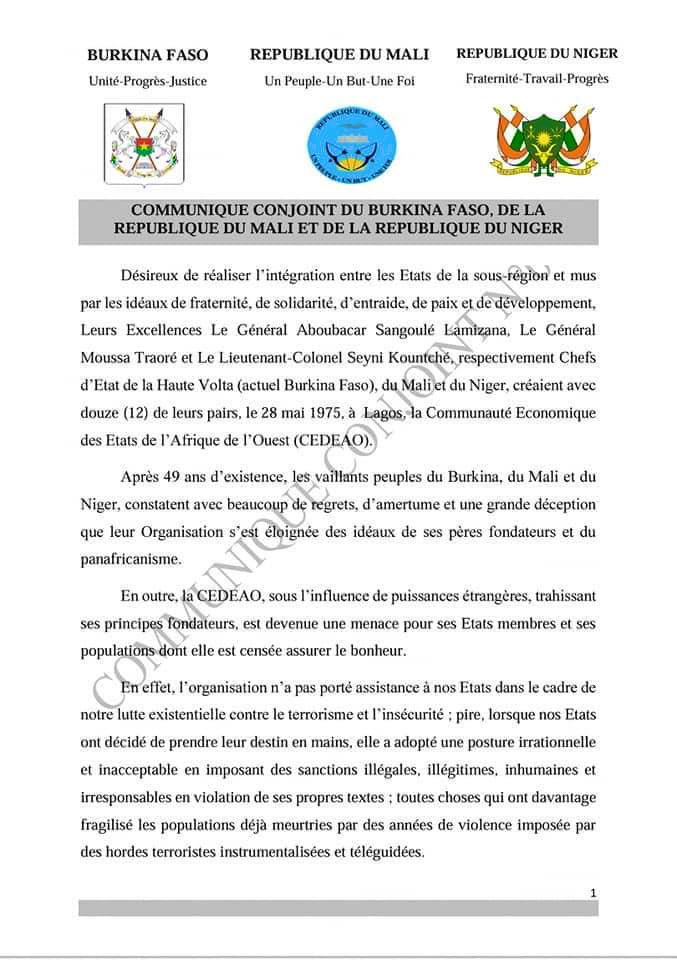 Gal_Abd_Maiga's tweet photo. COMMUNIQUÉ CONJOINT DU BURKINA FASO, DE LA RÉPUBLIQUE DU MALI ET DE LA RÉPUBLIQUE DU NIGER https://t.co/bfQSjG2k66