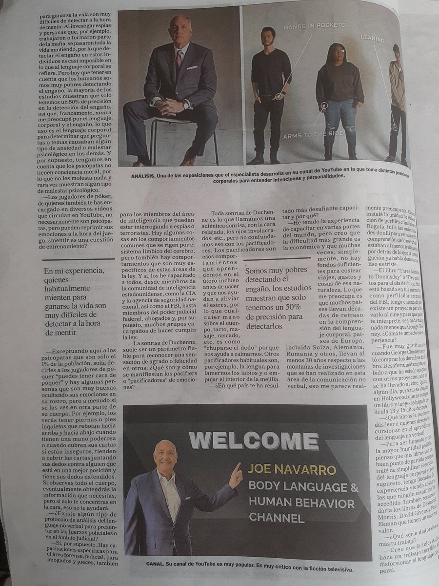REALIDAD Vs. FICCIÓN del #lenguajenoverbal: Las grandes decisiones de la vida, se basan en el Lenguaje Corporal, entrevista a <a href="/navarrotells/">Joe Navarro</a> ex agente del <a href="/FBI/">FBI</a> y referente internacional para <a href="/perfildiario/">DIARIO PERFIL</a>: perfil.com/noticias/amp/e… <a href="/IngelaPsi/">IngelaCambaPsi</a> <a href="/bartije/">Bárbara Tijerina</a> <a href="/NelsonNovad/">Nelson Hernández Cedeño</a> <a href="/Knesix/">Jesús Enrique Rosas - The Body Language Guy</a>