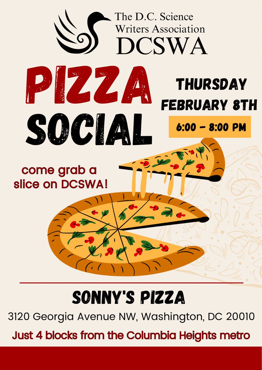 Are you in the DC area and looking to connect with other science writers, producers, and journalists? @DCSWA is hosting a pizza social at Sonny’s on Thursday, February 8th. Come mingle and grab a slice on us! 🍕#scicomm dcswa.org/event/pizza-so…