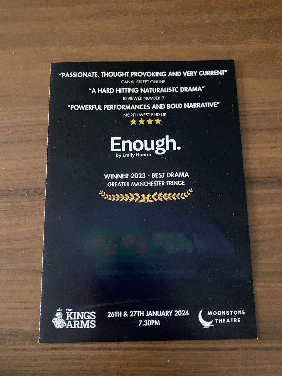 Had the pleasure of watching Enough. by <a href="/Moonstoneplays/">Moonstone Theatre</a> last night. Thoroughly enjoyed it. So well written and excellent performances from all the cast. Very clever and a great twist👏🏻👏🏻