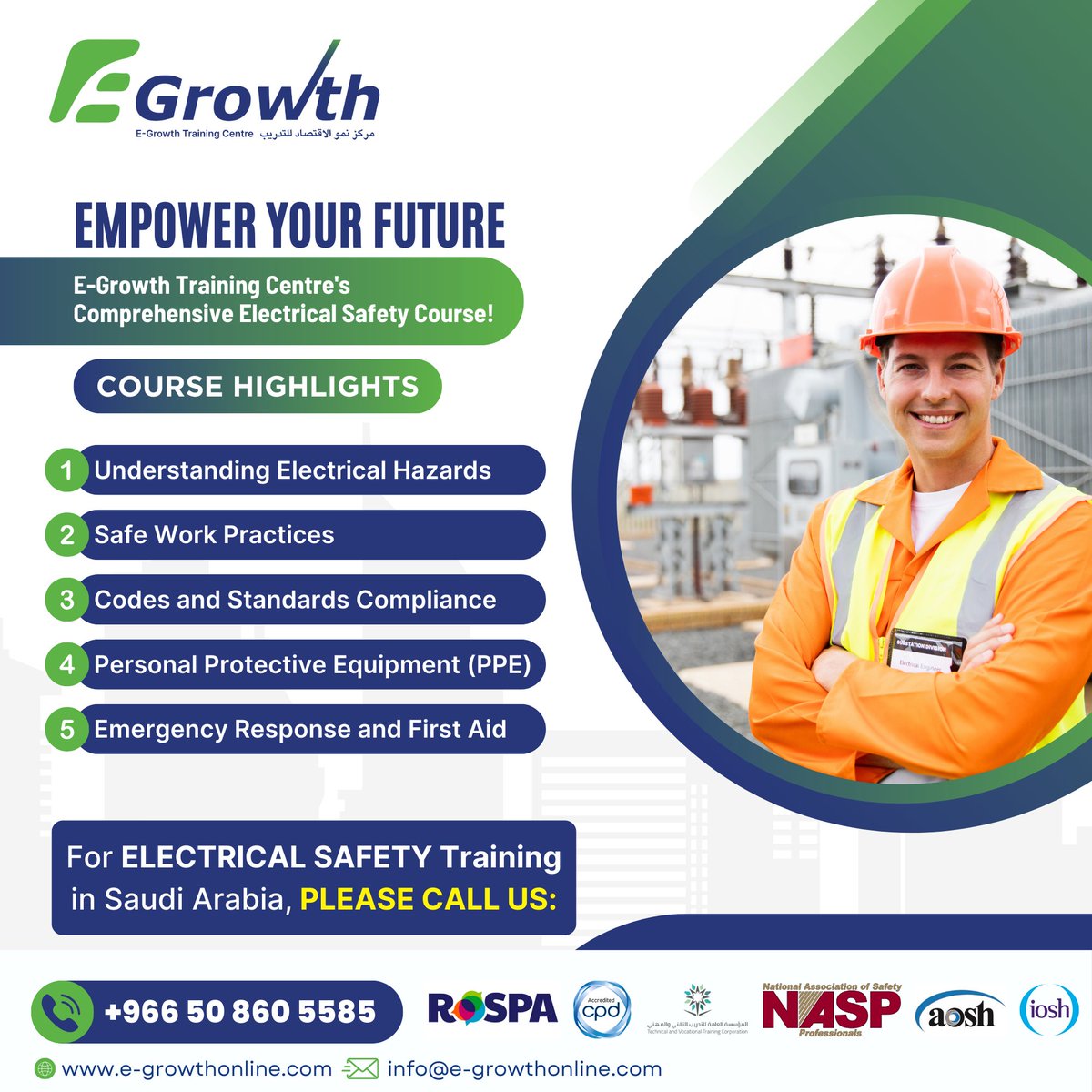 economygrowthco's tweet photo. EMPOWER YOUR FUTURE with E-Growth Training Centre's Comprehensive Electrical Safety Course!
+966 50 860 5585 | https://t.co/1I1M3V3cIE
#ElectricalSafety #CareerBoost #FutureTraining #Empowerment #EgrowthTraining #ElectricalIndustry #SkillsAcquisition #TrainingCourse https://t.co/7Z1D5tBckN