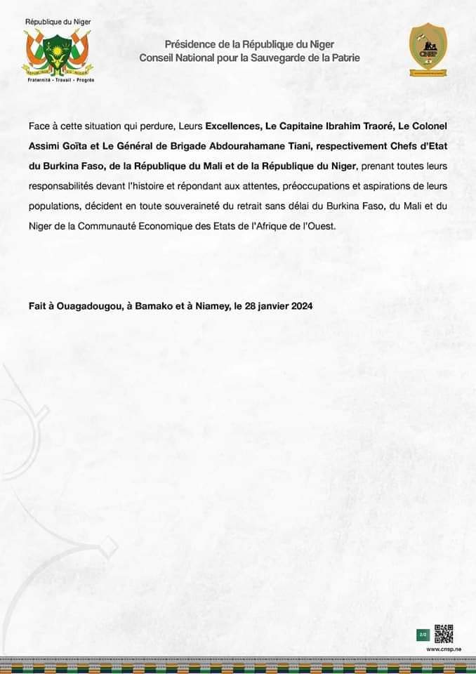 Mali, Burkina Faso y Níger, países del Sahel gobernados por juntas militares tras golpes de estado, han anunciado este domingo en un comunicado conjunto su decisión de abandonar la Comunidad Económica de Estados de África Occidental (CEDEAO).