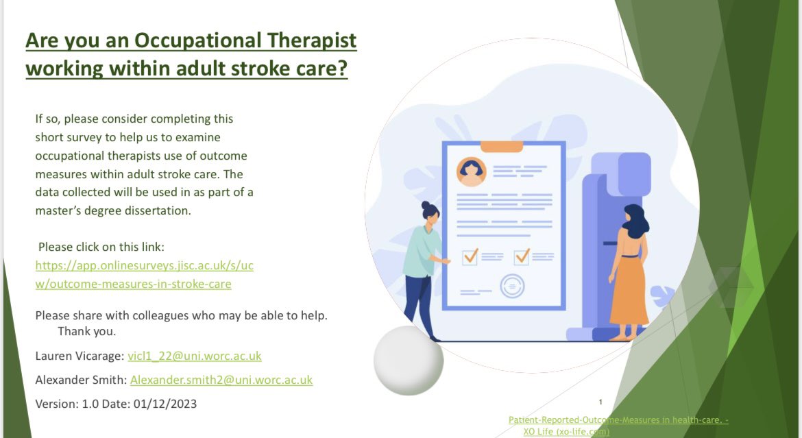 📣 Calling all Occupational Therapists working in adult Stroke care 📣. Please consider completing this short survey examining OT use of outcome measures within adult stroke care. app.onlinesurveys.jisc.ac.uk/s/ucw/outcome-… Your participation is greatly appreciated!