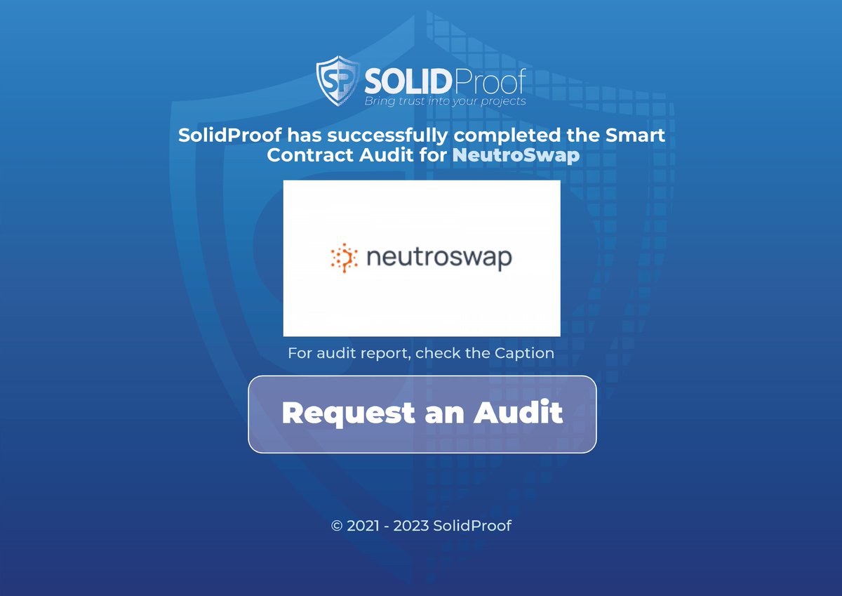 solidproof_news's tweet photo. The smart contract audit for @Neutroswap is complete, revealing no issues of high or medium criticality.

📑 Audit report:
https://t.co/kjRungzWry

Need an audit or KYC?
👉 https://t.co/9DXI3qJ4S9 https://t.co/w7m022Tgt3