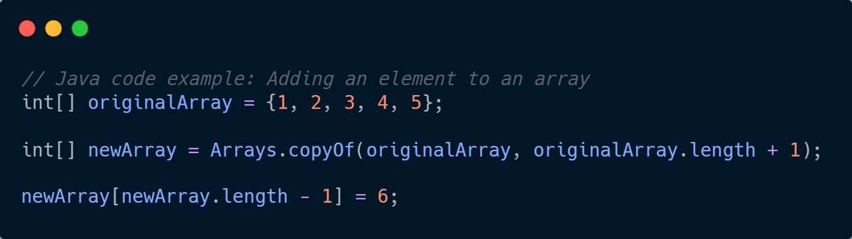codec_one1's tweet image. Operations on Arrays⚙️ Arrays aren't just storage; they're versatile! From adding elements to deleting them, manipulating arrays is essential. Example: Adding an element to an array in Java. 🔄💻 #ArrayOperations #JavaProgramming