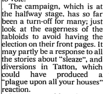 Kind of remarkable the extent to which coverage of this election matches 1997 despite the rose-tinted way we now think about it. This was from the Times less than a month before polling day.