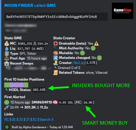 D0gTo's tweet image. Moon Finder alert from @alpha_gardeners on $GME literally free money glitch!

$GME - $300K - $8M = 26X

Moon Finder have like 5 alerts per day and never miss any hyped launch, its really good for filtering new launches

🖨️🖨️🖨️🖨️🖨️🖨️🖨️🖨️