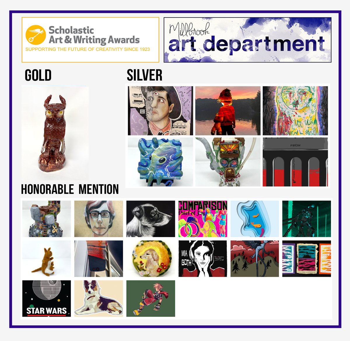 jbarnes_art's tweet photo. Congratulations to our 2024 Scholastic Art Award Winners!!! The pieces will be displayed at the SUNY New Paltz Fine Arts Building during the month of Feb with a ceremony Friday Feb 2nd to kick it off. Great work artists!! @MillbrookCSD_NY @millbrookcsdart @mrscring https://t.co/RXwkvLzB26