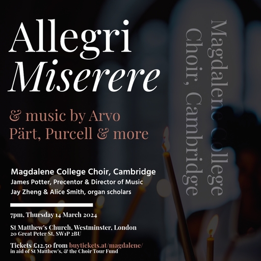 Tickets are on sale now for our concert @StMWestminster on 14 March! 🎵 Come and hear the choir and organists in beautiful Lenten music, with Allegri's 'Miserere mei' at the centre. Get your tickets here: buytickets.at/magdalene/1108…