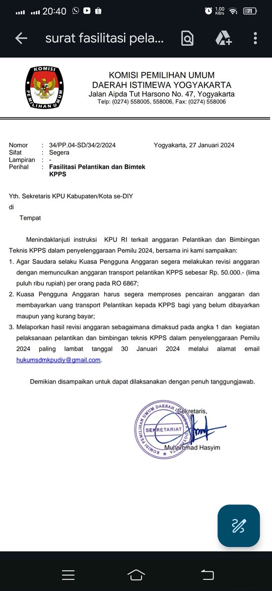 Terkait fasilitasi pelantikan &amp; Bimtek KPPS di Yogyakarta