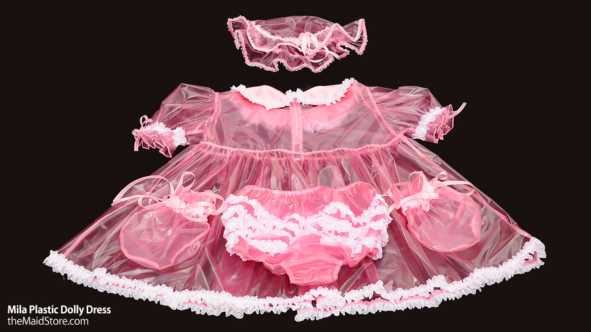 So cute in our pink plastic 😍 #sissydress #slipperyplastic #pinkplastic #cutie