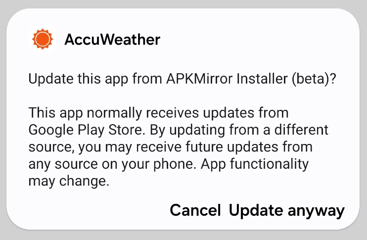 blainekyle's tweet photo. This is bad UI design. Perhaps intentionally so? "Cancel" and "Update anyway" are discrete buttons, but lack appropriate visual cues to make that clear.
src:https://t.co/nozY5gpkcO https://t.co/ENVzaiHg3j
