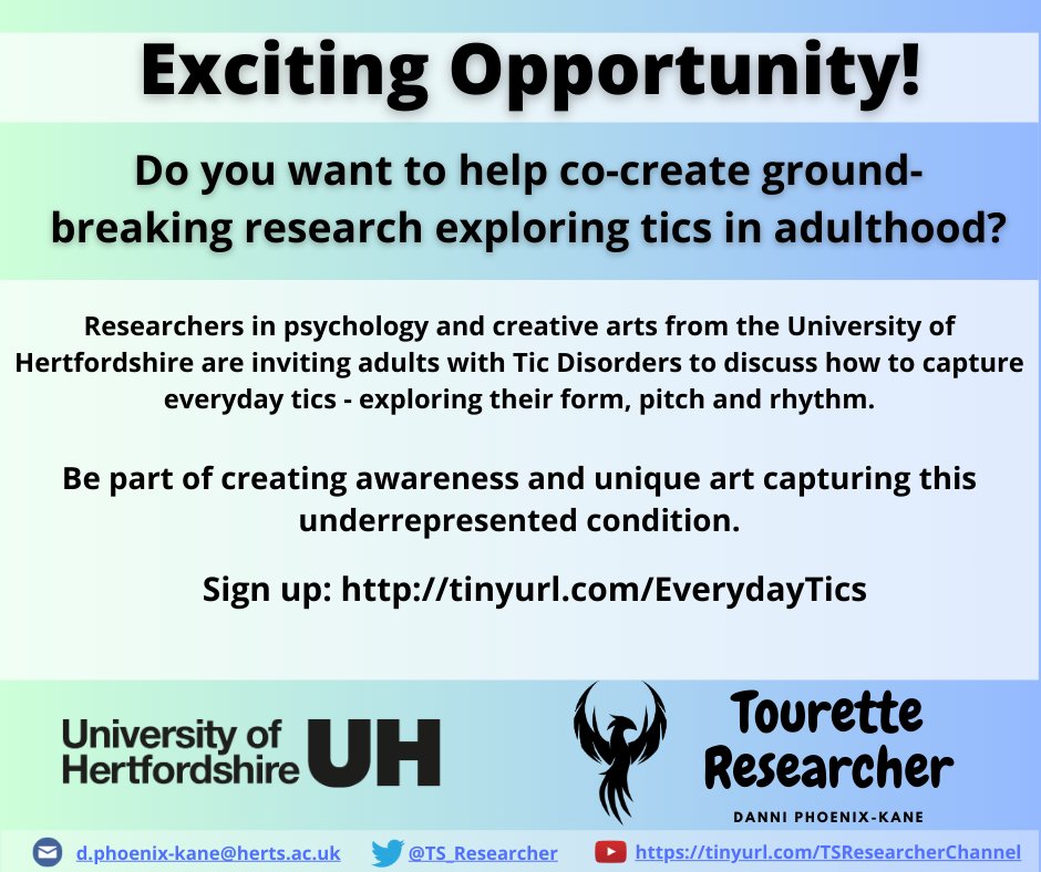 Please Share! Having dedicated my PhD focus to explore the world of tics in adulthood, I am embarking on a new study! Seeking research co-creators to explore the nature of tics in adults. Join me! #Tourette #Adulthood #tics Sign up to the workshop here: tinyurl.com/EverydayTics