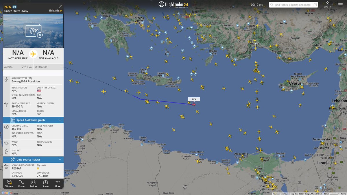 AIYeyENGDdJkjTr's tweet photo. Jan. 28, 2024
#Naval Air Station Sigonella #Mediterranean Sea #Lebanon offshore
#NoCALLSIGN #AE68A7 USN P-8A Poseidon https://t.co/Pz6QTZyUbO