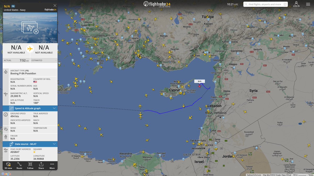AIYeyENGDdJkjTr's tweet photo. Jan. 28, 2024
#Naval Air Station Sigonella #Mediterranean Sea #Lebanon offshore
#NoCALLSIGN #AE68A7 USN P-8A Poseidon https://t.co/Pz6QTZyUbO