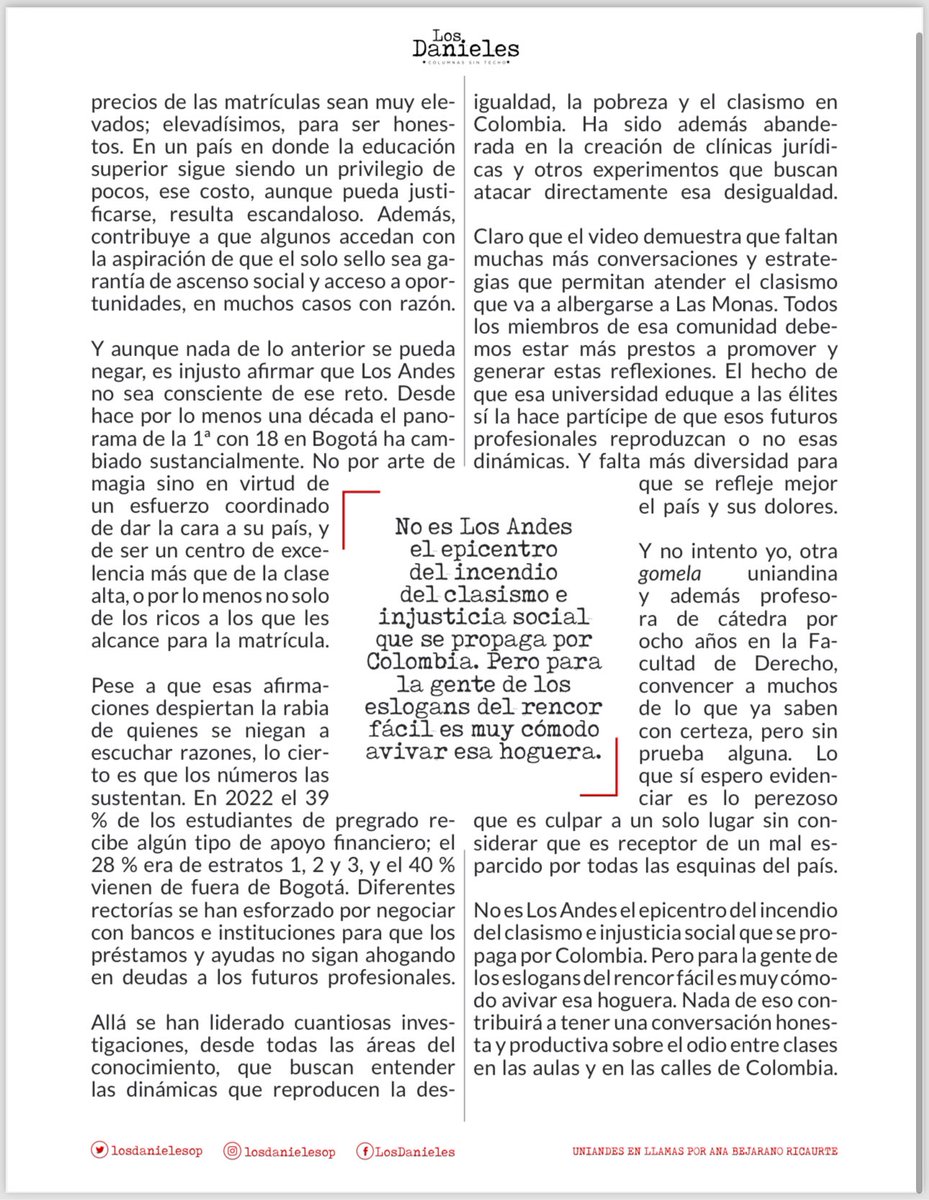 #UniandesEnLlamas por <a href="/AnaBejaranoRG/">Ana BejaranoRicaurte</a> No es Los Andes el epicentro del incendio del clasismo e injusticia social que se propaga por Colombia. Pero para la gente de los eslogans del rencor fácil es muy cómodo avivar esa hoguera. #LosDanieles losdanieles.com