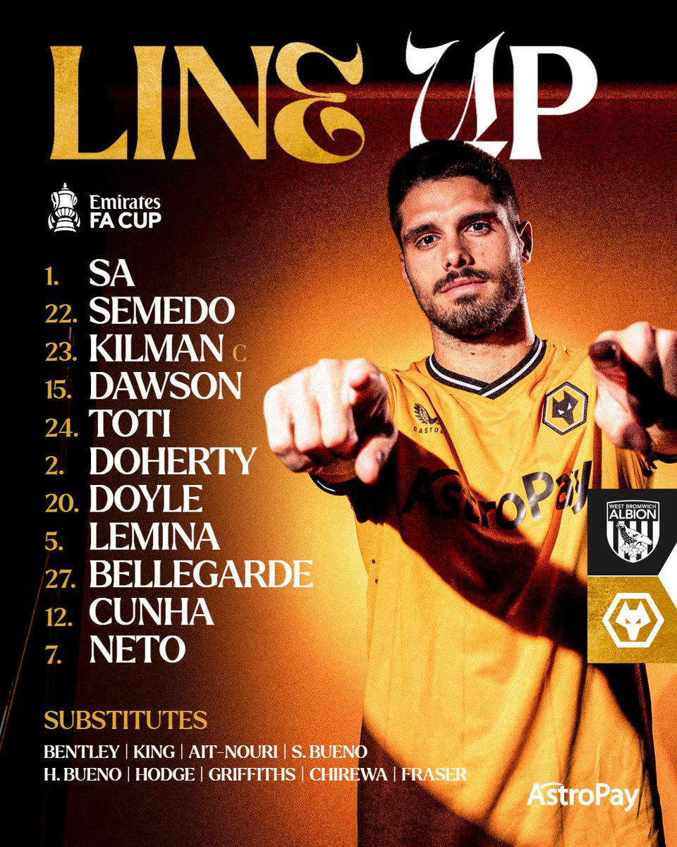 Wolves's tweet photo. ☝️ One change from Monday
🇫🇷 Bellegarde into the XI

Your Wolves side for today 📋

#WBAWOL | @AstroPay_OK https://t.co/XfqQJtt8gA
