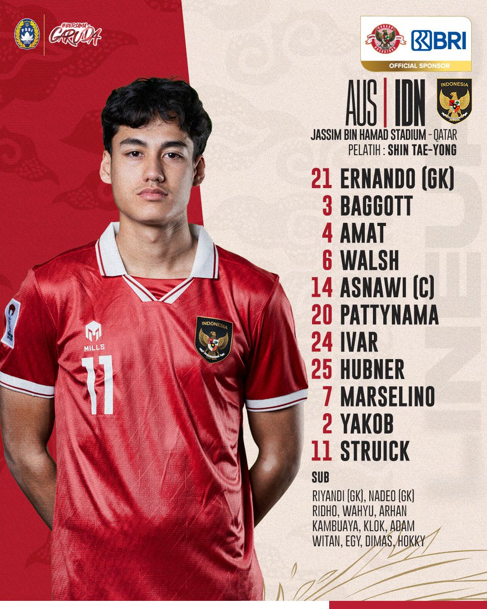 TimnasIndonesia's tweet photo. Sebelas pertama Timnas Garuda vs Australia pada babak 16 Besar Piala Asia Qatar 2023 malam hari ini ✅

#KitaGaruda #BersamaGaruda #GarudaMendunia #GarudaDiPialaAsia #AsianCup2023 https://t.co/zpvrFWbFol