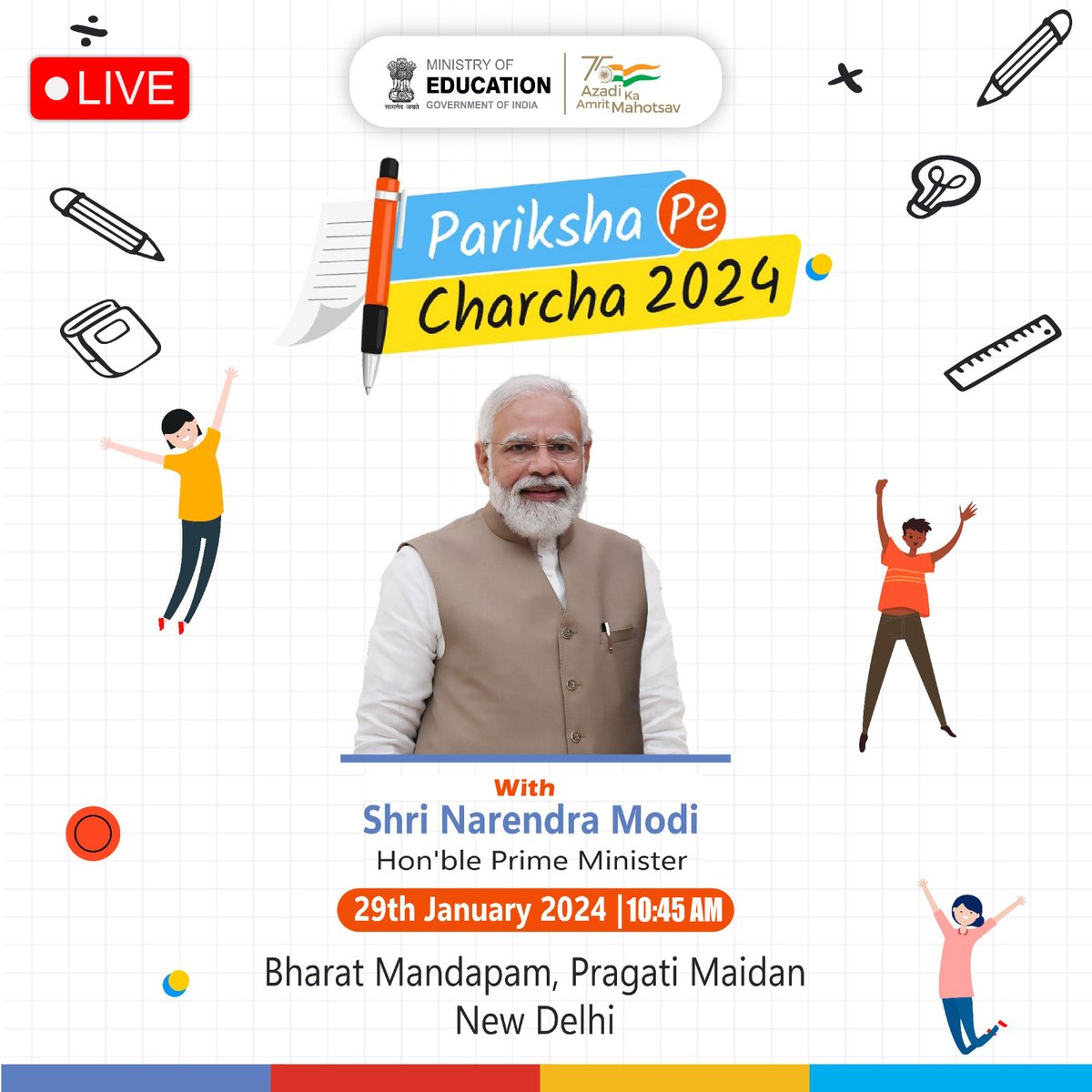 🟢#LIVE: Pariksha Pe Charcha 2024 with the Hon'ble Prime Minister Shri @narendramodi. 📺Live stream to start at ⏲️10.45 AM, 29 January, 2024 📌#Watch live from Bharat Mandapam, Pragati Maidan, New Delhi ⏩YouTube: youtube.com/watch?v=gpO3N_… ⏩Facebook: business.facebook.com/events/2283939……