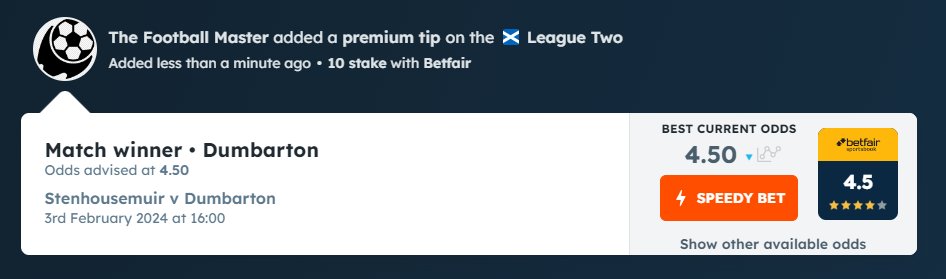 T_Foot_Master's tweet image. "Sunday's Bet of The Day "           
3 February / Scottish Jupilar League Two
Stenhousemuir vs Dumbarton 
Dumbartonto win @ 4.50 @betfair

#FreePick #BOTD like retweet