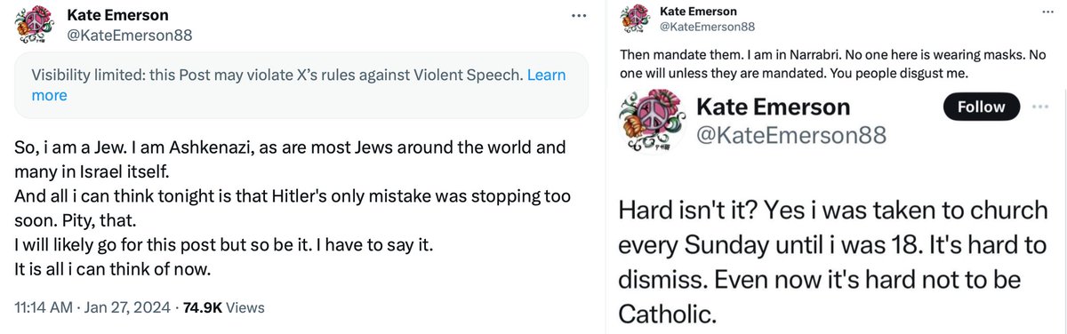 Never_Again2020's tweet photo. Kate Emerson (@KateEmerson88), a neo-Nazi who laments the fact that Hitler didn't manage to kill every Jew in the world, pretend to be both Jewish and from Oxford. In fact, she lives in Narrabri, NSW/Australia, and she's a Catholic. Nice try Kate.

Click on image ⬇️ https://t.co/scA5jOQNMY