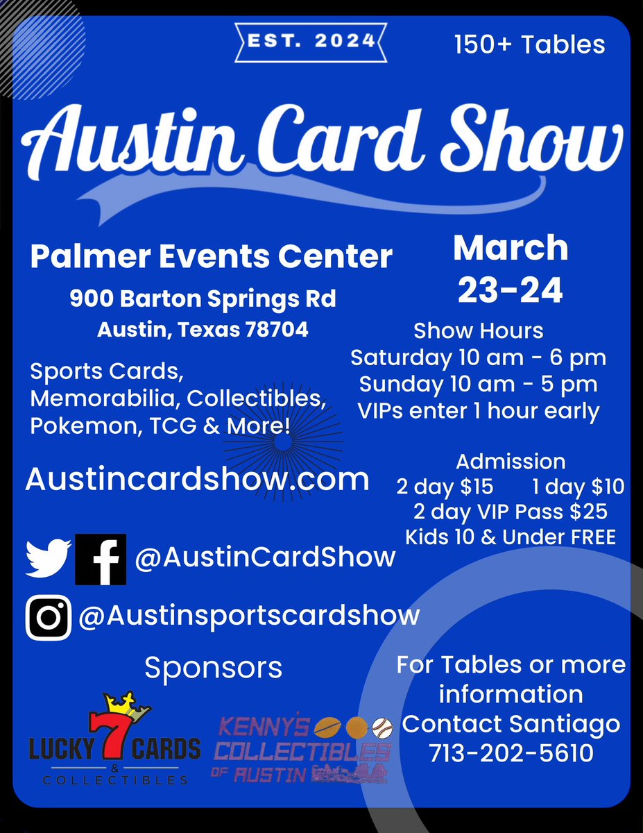 AustinCardShow's tweet photo. Excited to announce Austin’s first card show in a long time on March 23-24! Sponsored by @lucky7_cards &amp; @Kennyscardstore
Message me with any questions or for tables! https://t.co/bANRprsfKM