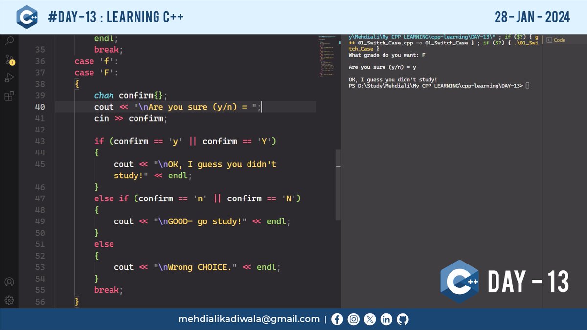 mehdiali_mk's tweet image. DAY – 13: Learning C++

- The switch statements.
- Switch with enumeration.
- Conditional Operator.
- C++ Looping Constructs.

Github Link: github.com/mehdiali-mk/cp…
LinkedIn: linkedin.com/in/mehdiali-mk/
Instagram: instagram.com/mehdiali_mk/

#cplusplus #cpp #codingincplusplus